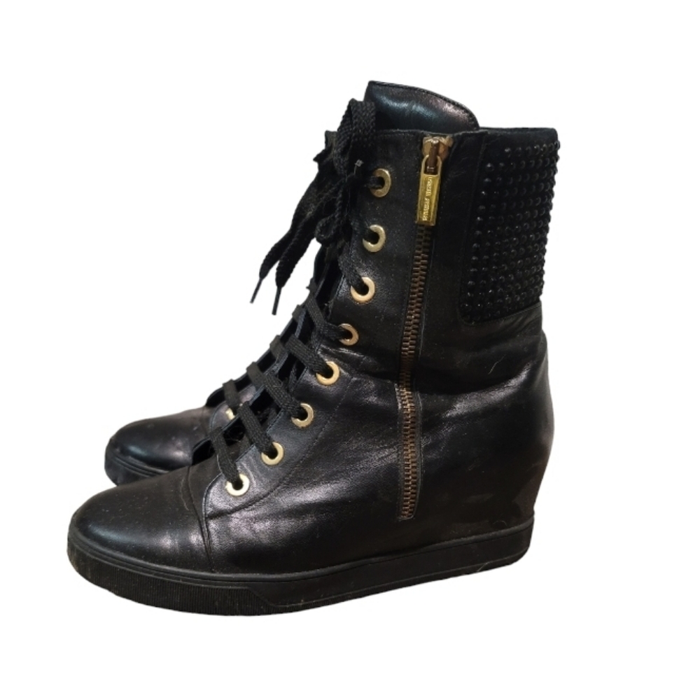 Loretta Pettinari Black Wedged Lace Up Boot Sneaker Double Zipper Size 9.5